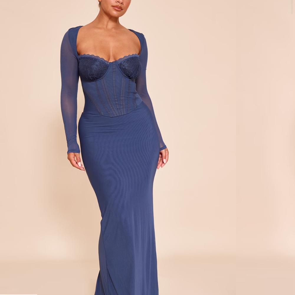 Dark Blue Long Sleeve corset maxi Dress